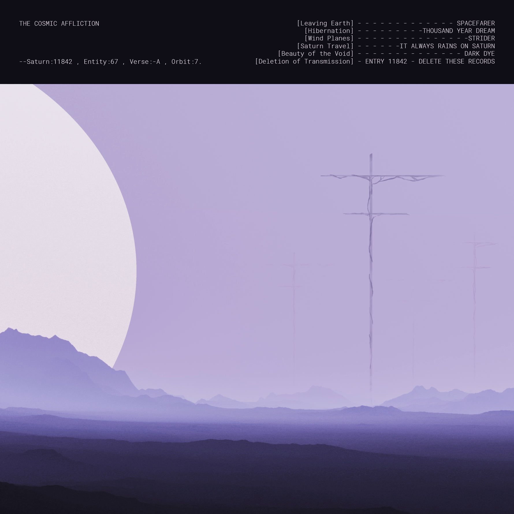 Illustration of a pastel purple foggy landscape with a giant sun-like circle on the left of the frame and huge double-barred crosses in the distance. Includes a list of album track names.